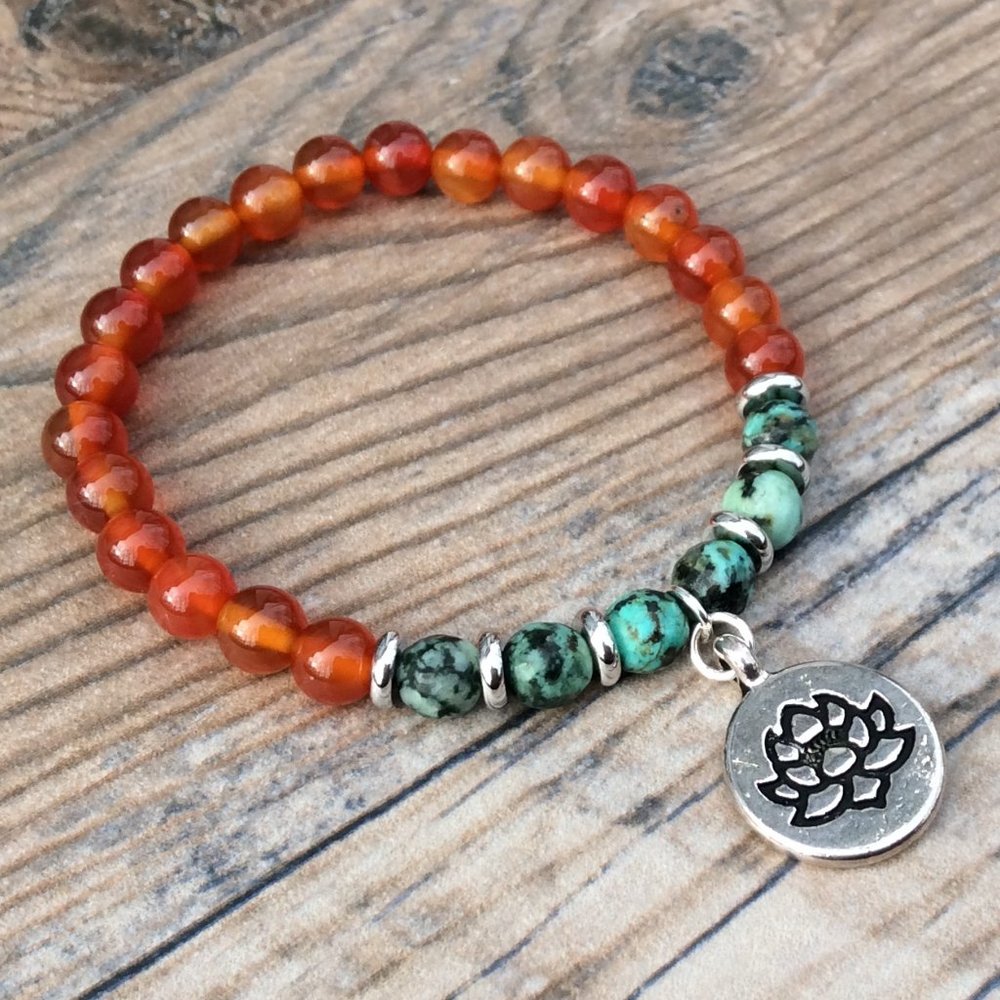 Carnelian bracelet with Lotus charm, African Turquoise, sacral chakra, healing